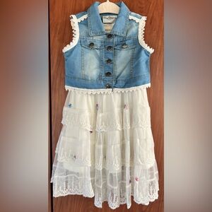 Rare Editions - Mesh Floral Embroidered dress w/lace trim and denim vest 2pc